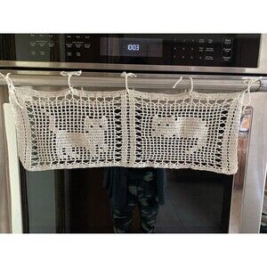 Cute Kitties Handmade Crochet Grey Short Curtain Valance Panels 100% Cotton